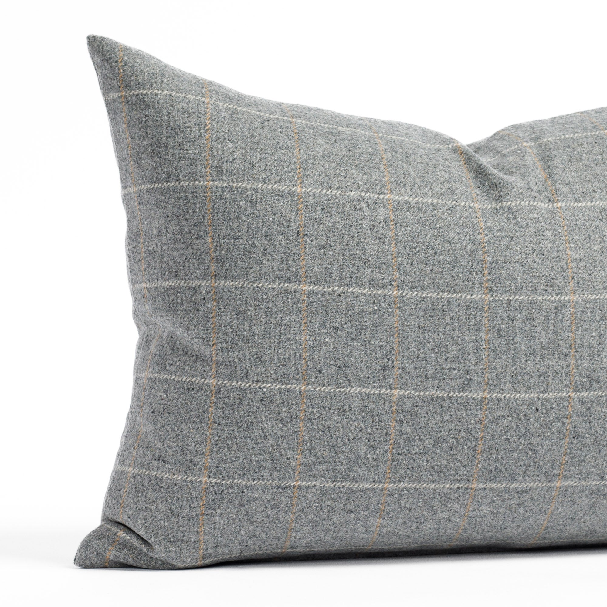 a heather gray windowpane check lumbar pillow: close up view