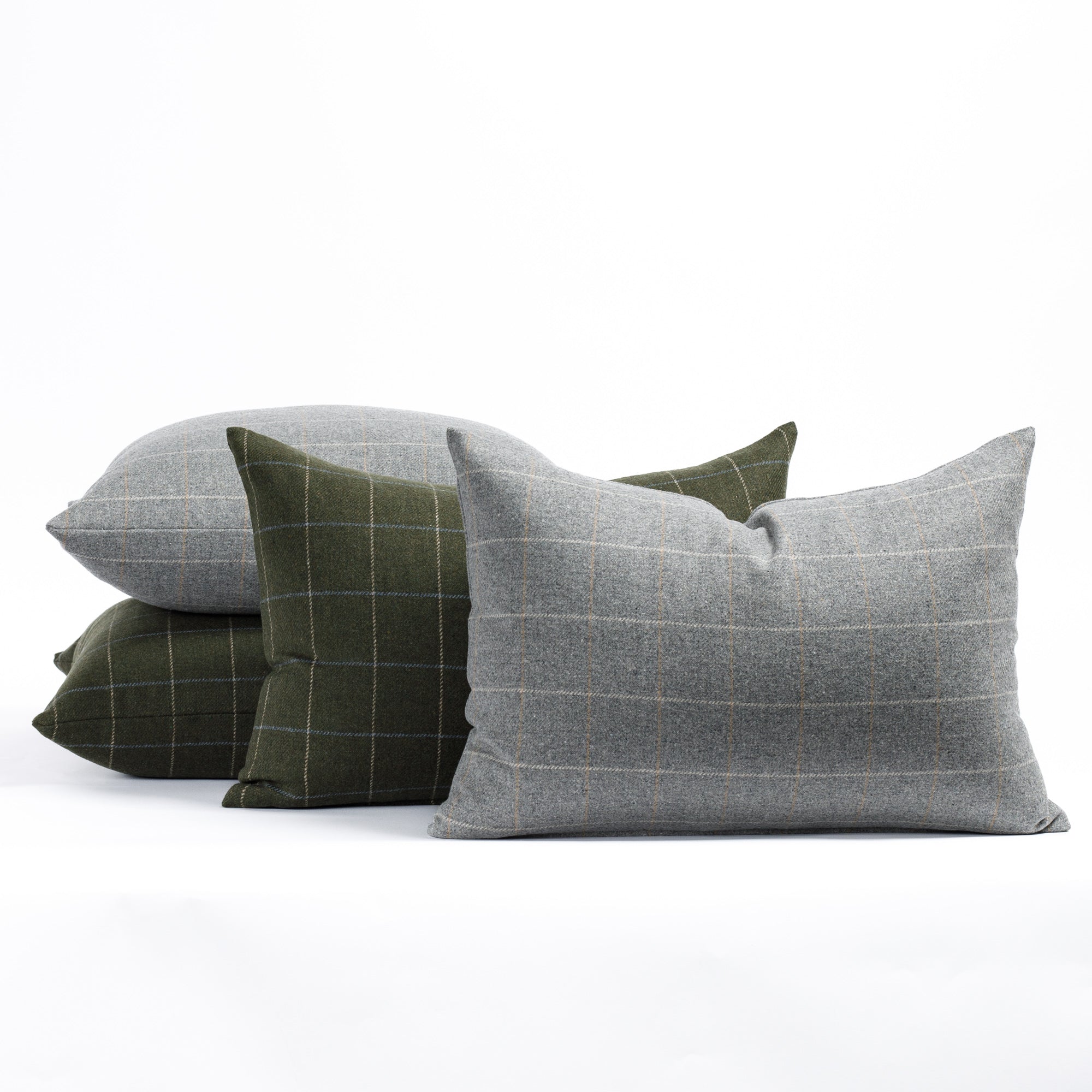 Addison Plaid Throw pillows in moss green heather gray colorways