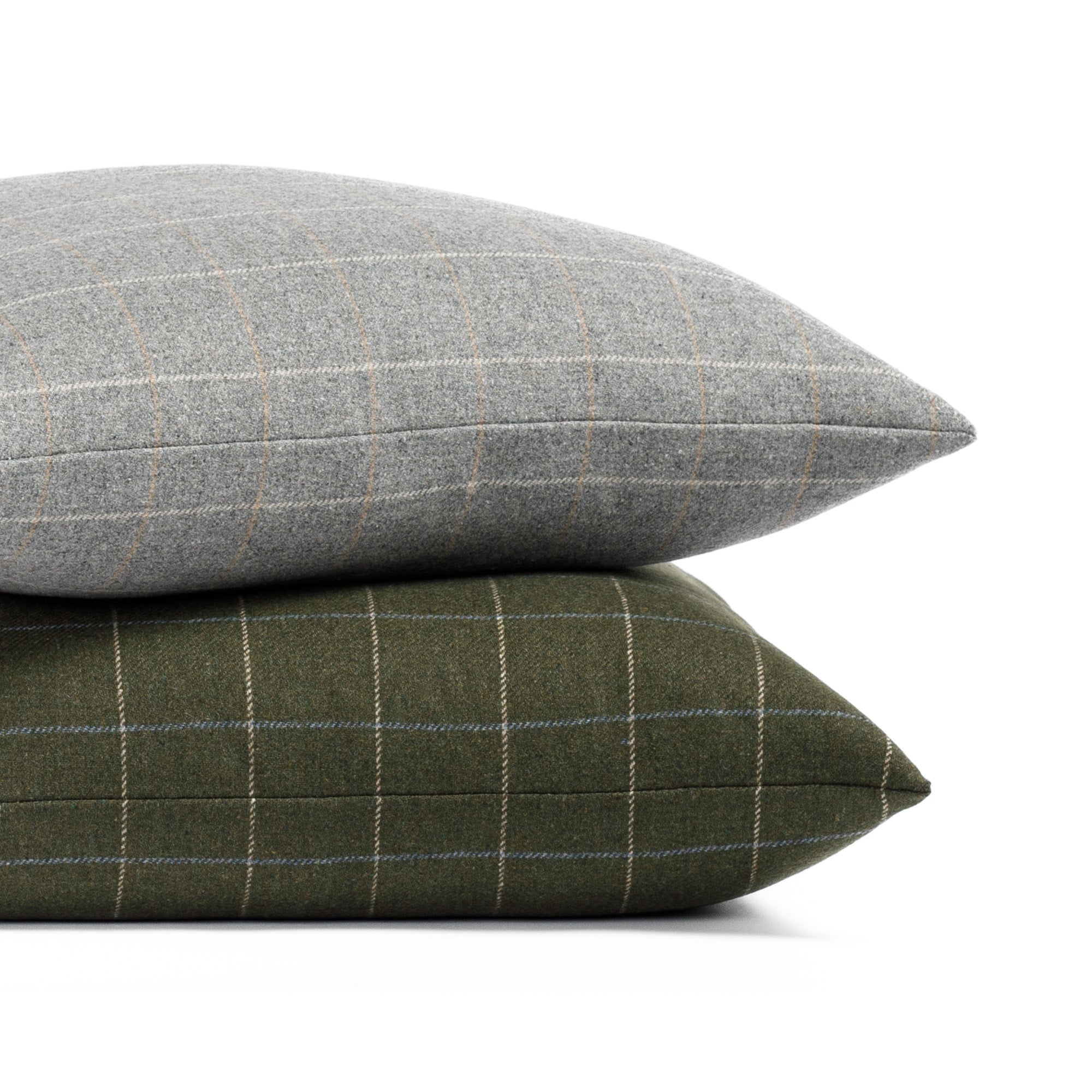 Addison Plaid throw pillows in heather gray and moss green colorways