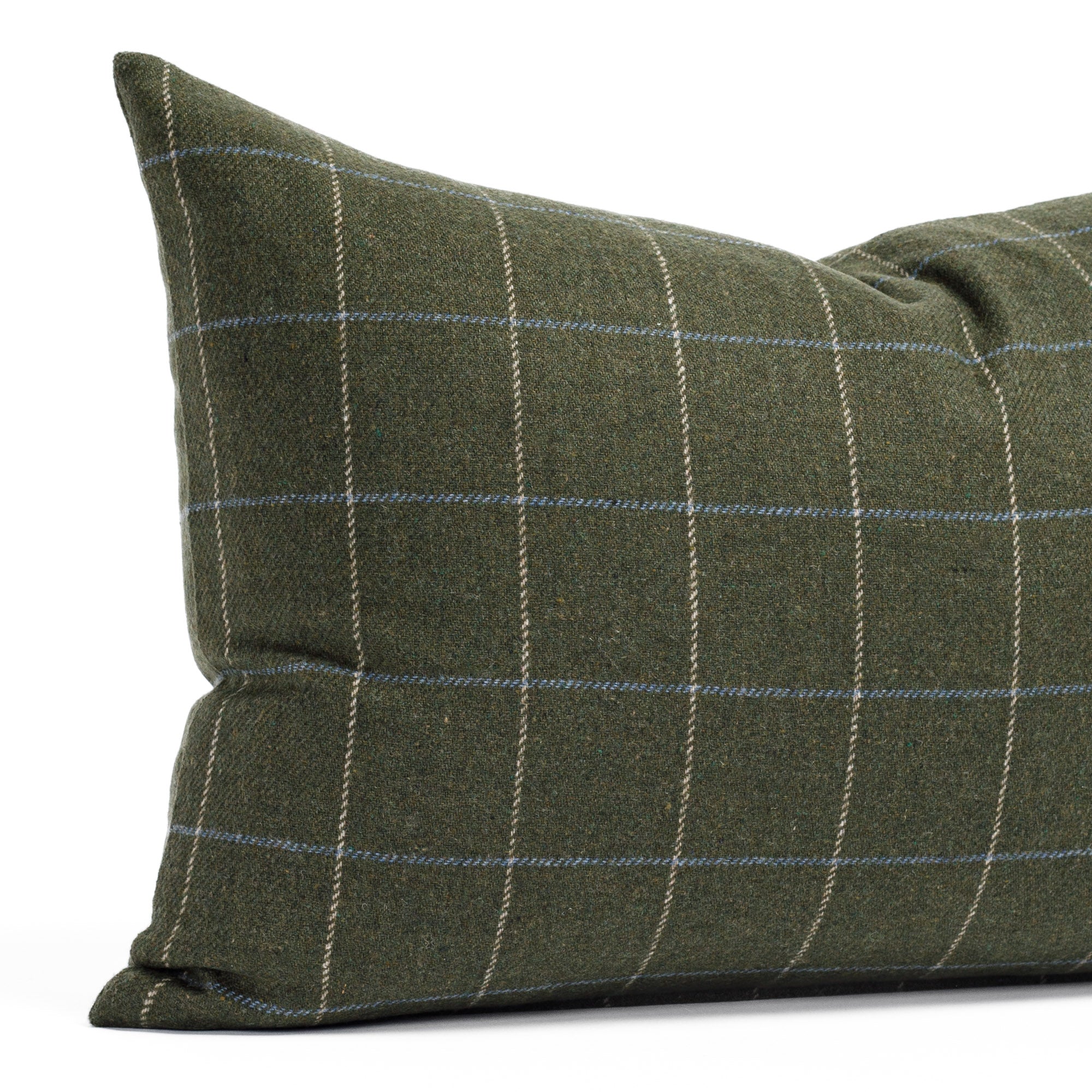 Moss green windowpane patterned lumbar pillow : close up view