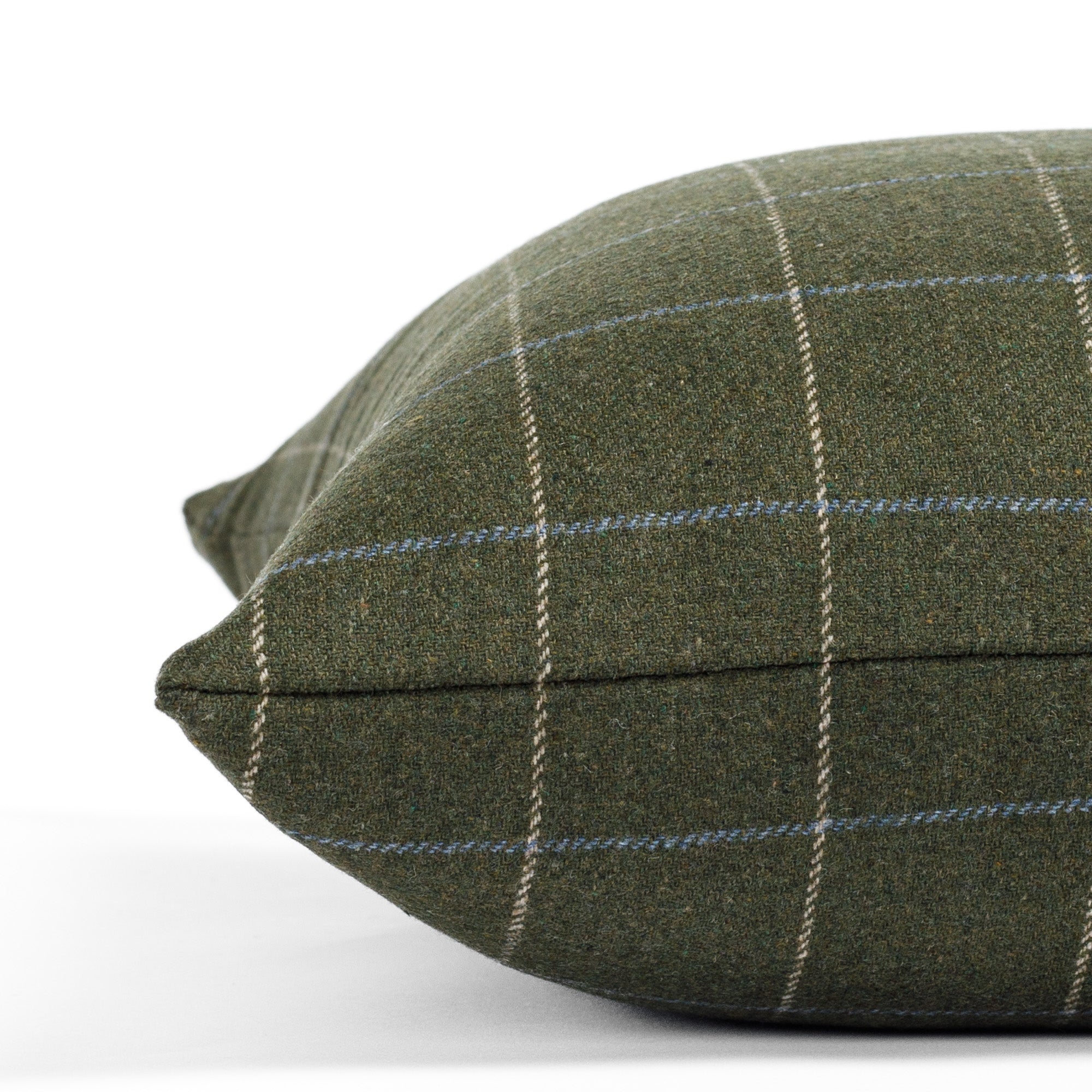 a moss green windowpane throw pillow : close up side view