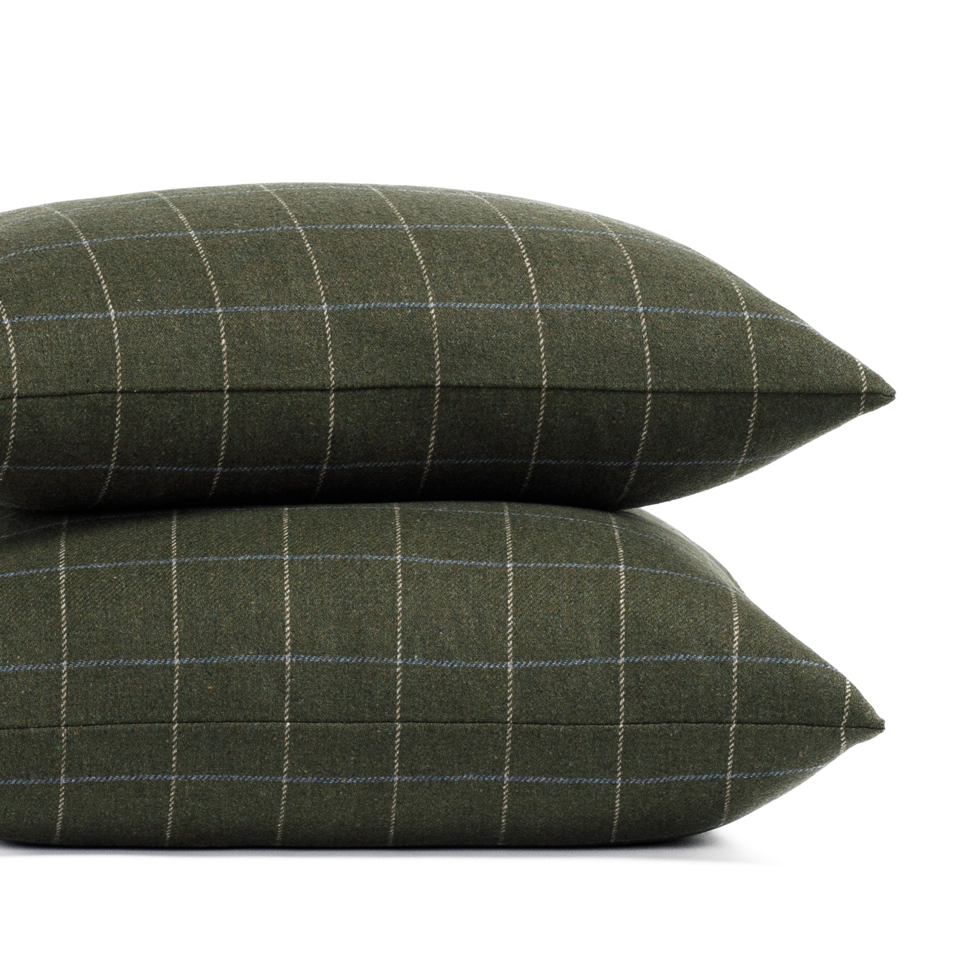 a moss green windowpane throw pillows in two sizes