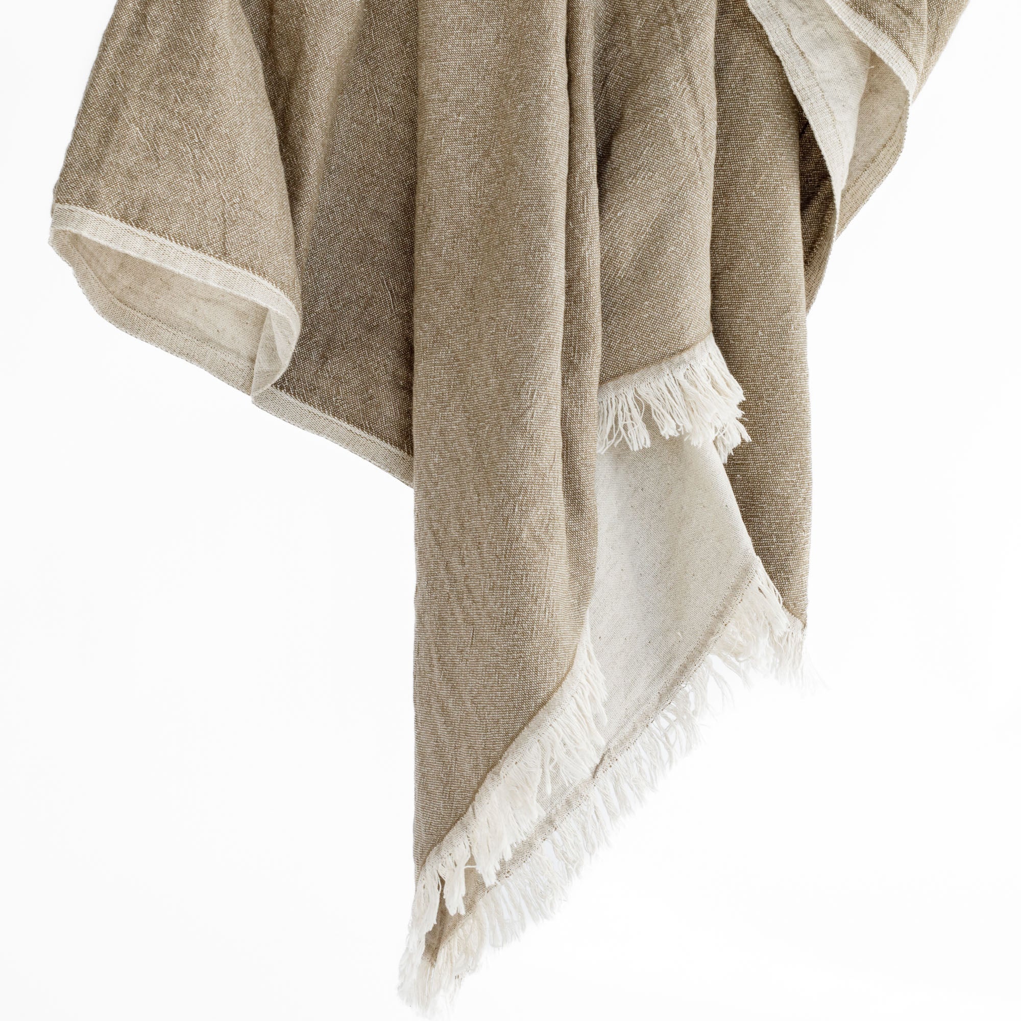 Tonic Living throw blanket : a reversible light brown and natural linen cotton throw blanket with a delicate fringe edge 