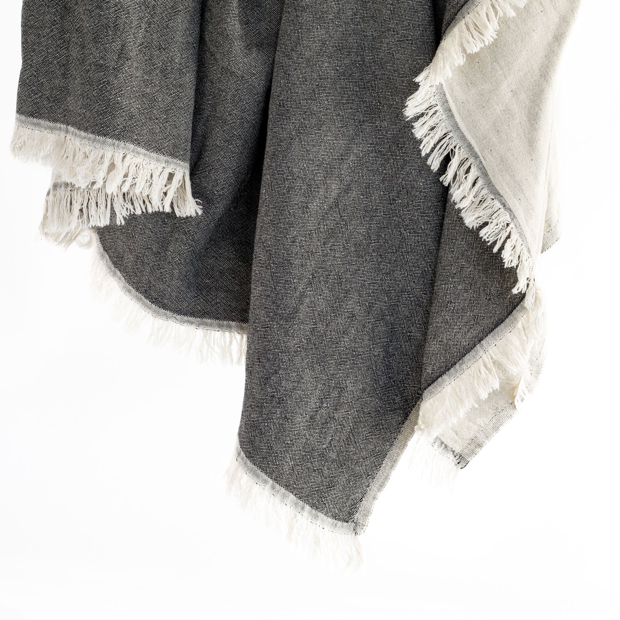 Tonic living charcoal gray and natural linen cotton throw blanket with a delicate fringe edge