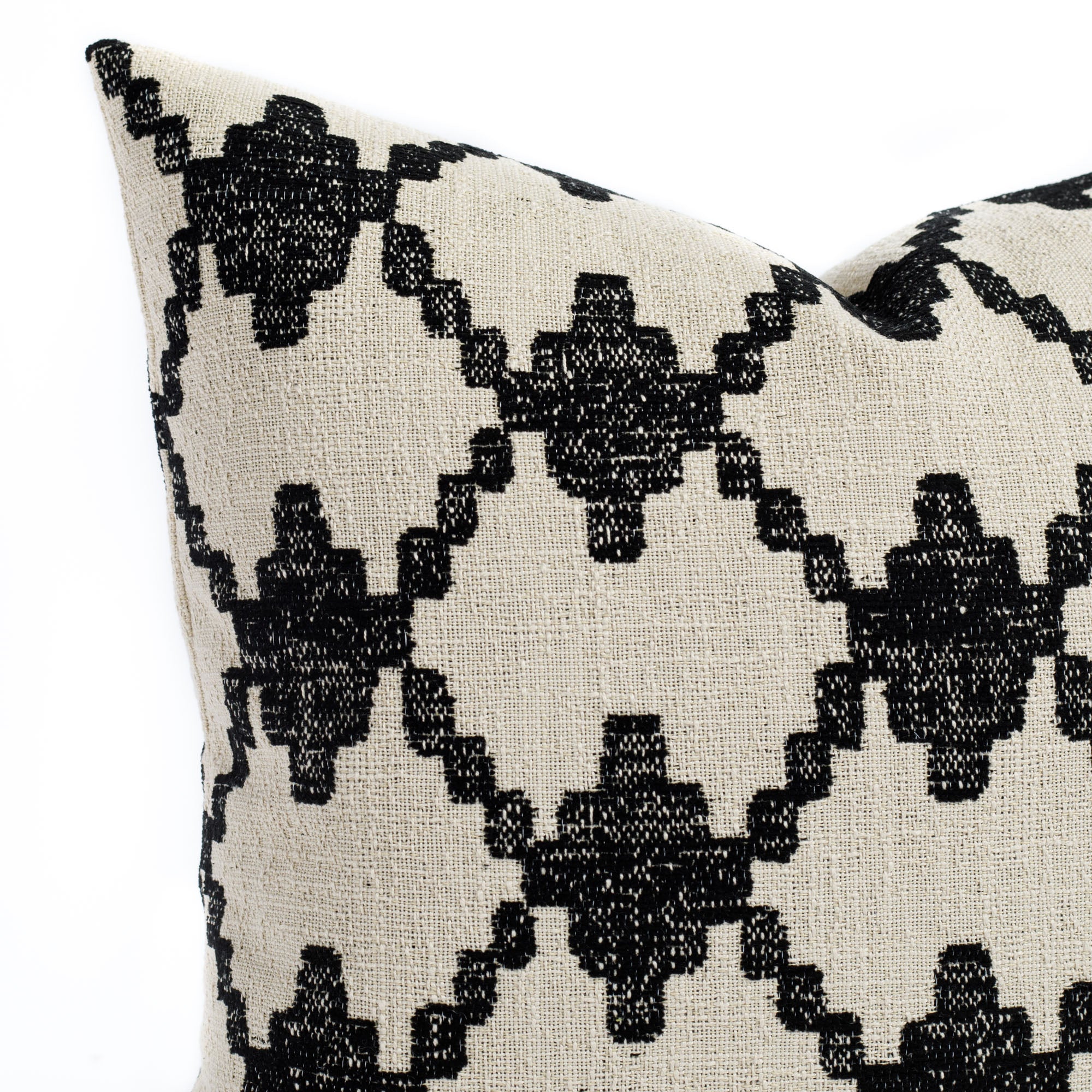 a black and burlap diamond trellis global patterned pillow : close up view