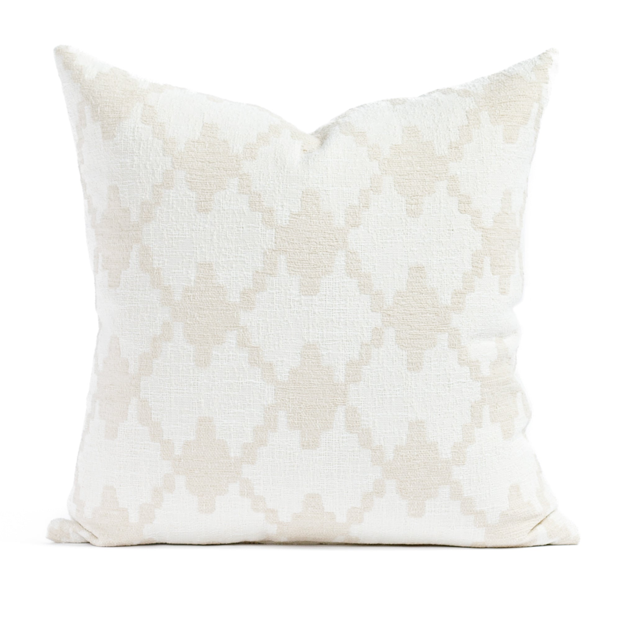 Fez 20x20 Pillow Toasted coconut, a white and beige diamond trellis patterned outdoor Tonic Living Pillow
