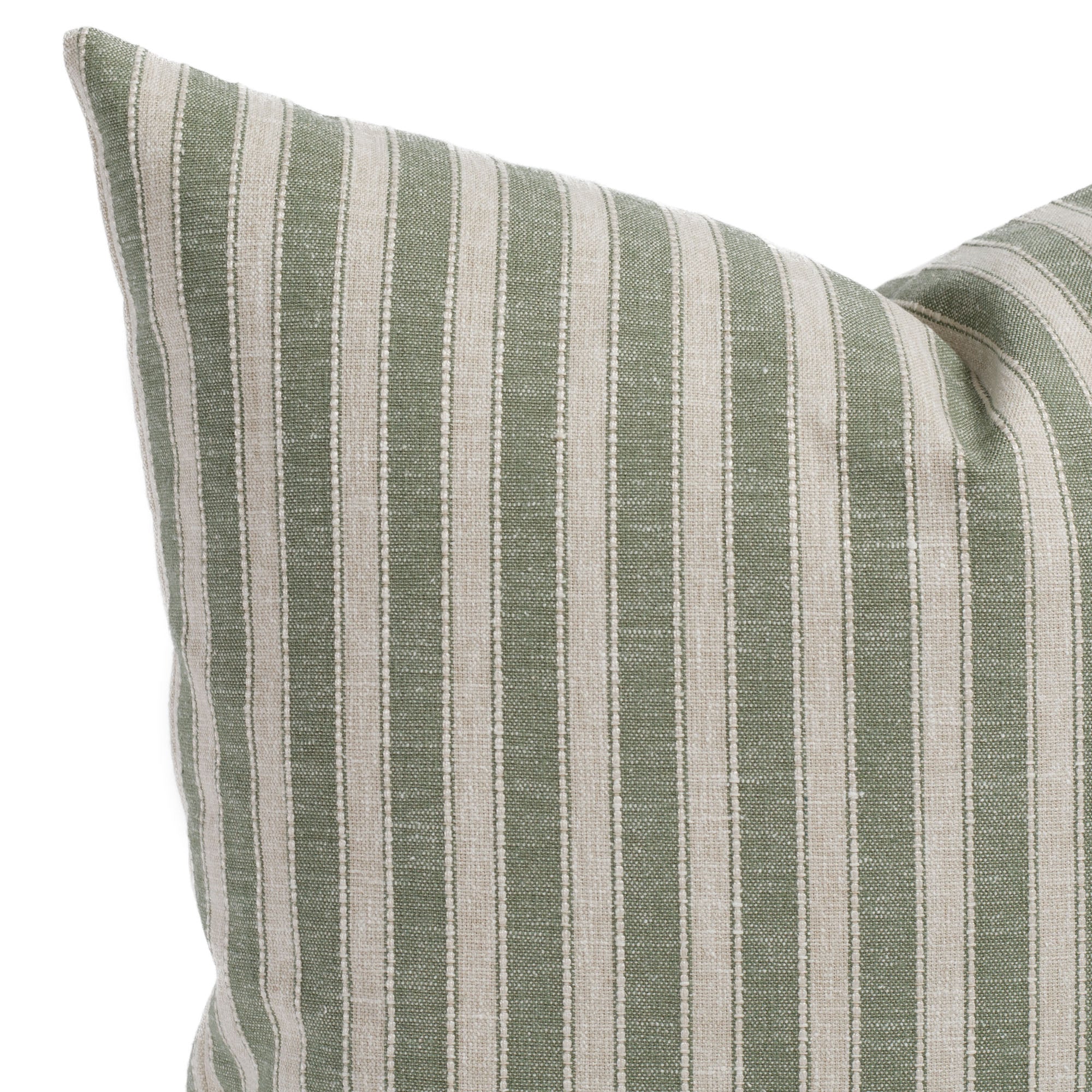 A sage green and oatmeal striped pillow: close up view.